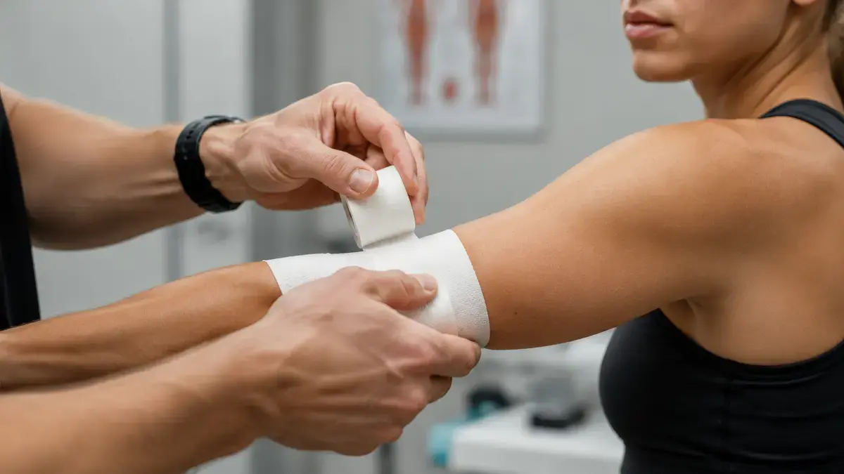 Behandlare som tejpar en arm